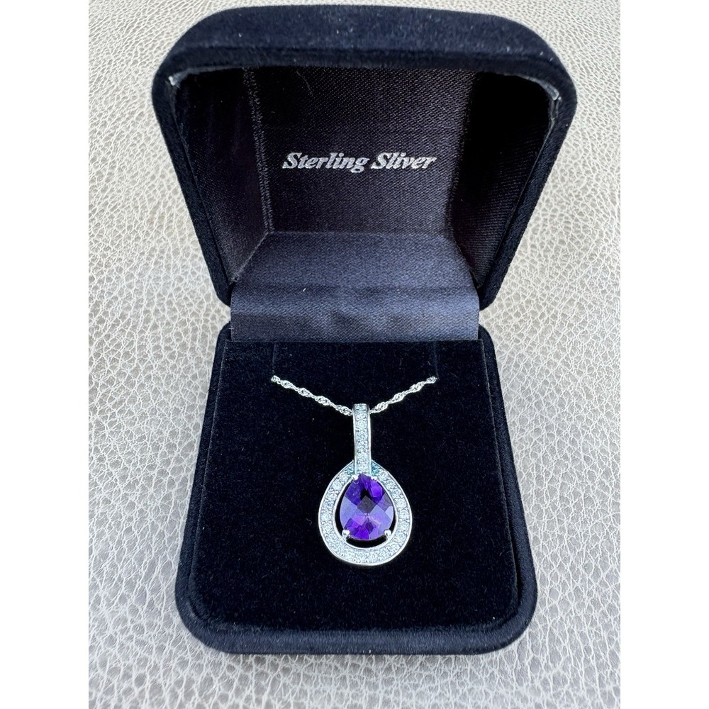 Sterling Silver 925 18” Diamond Cut Rope Necklace W Teardrop African Amethyst